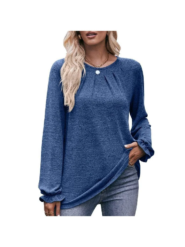 Women's casual round neck pleated brushed T-shirt long-sleeved top