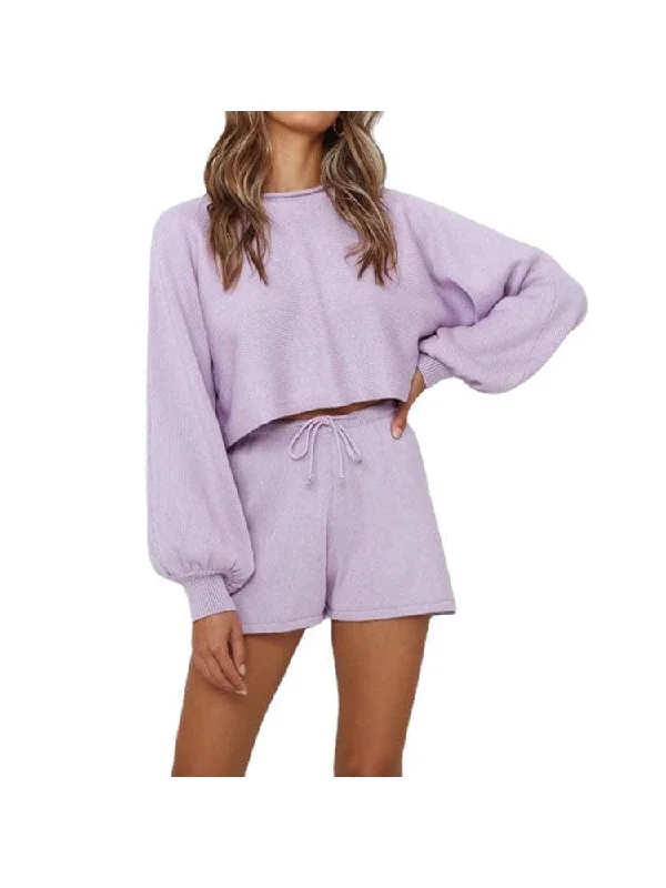 Women's lantern sleeve sweater shorts pure color home suit