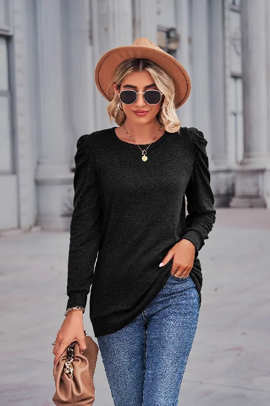 Women's Loose Round Neck Pleated Long Sleeve T-Shirt Top