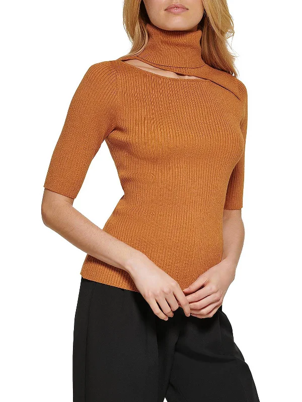 Womens Ribbed Knit Cut-Out Turtleneck Sweater