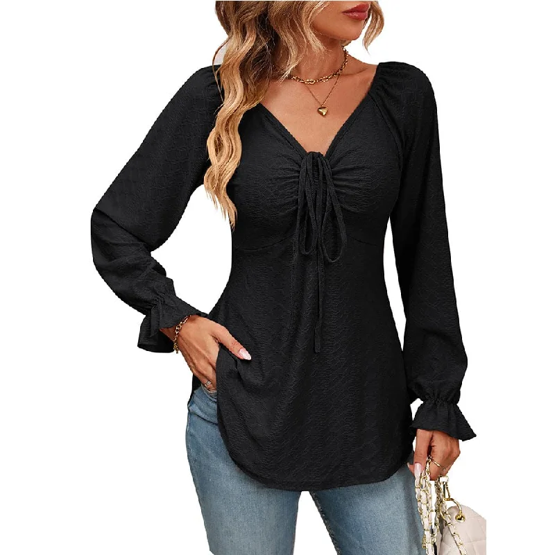 Women's V-neck drawstring waist sexy long-sleeved solid color T-shirt