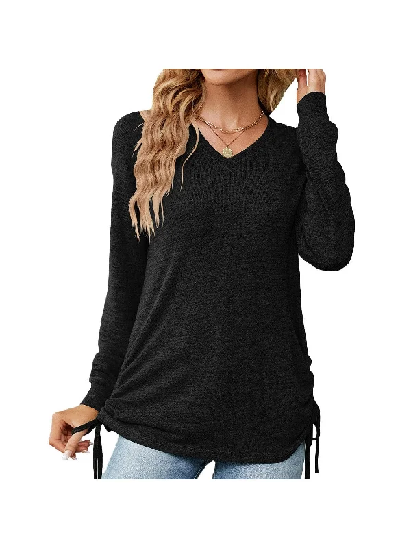 Women's V-neck pleated solid color long-sleeved loose T-shirt top