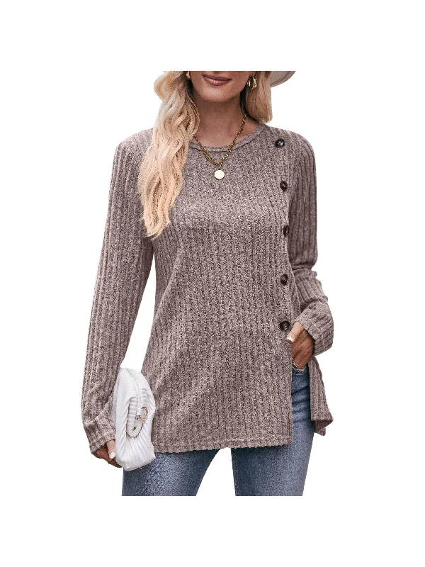 WOMEN'S WEAR LADIES PURE COLOR ROUND NECK PIT STRIPE FLEECE SLIT FASHION BUTTON T-SHIRT