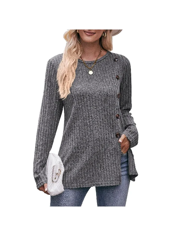 WOMEN'S WEAR LADIES PURE COLOR ROUND NECK PIT STRIPE FLEECE SLIT FASHION BUTTON T-SHIRT