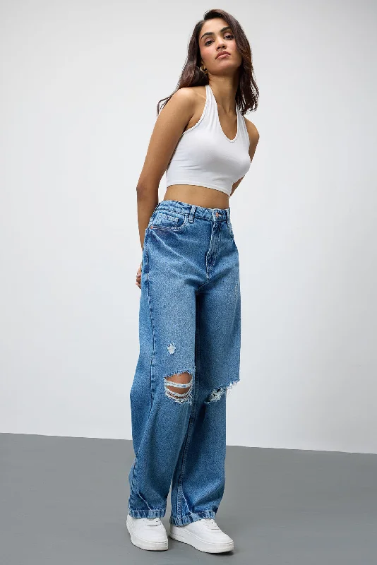 Mid Blue Grunge Style Ripped Jeans