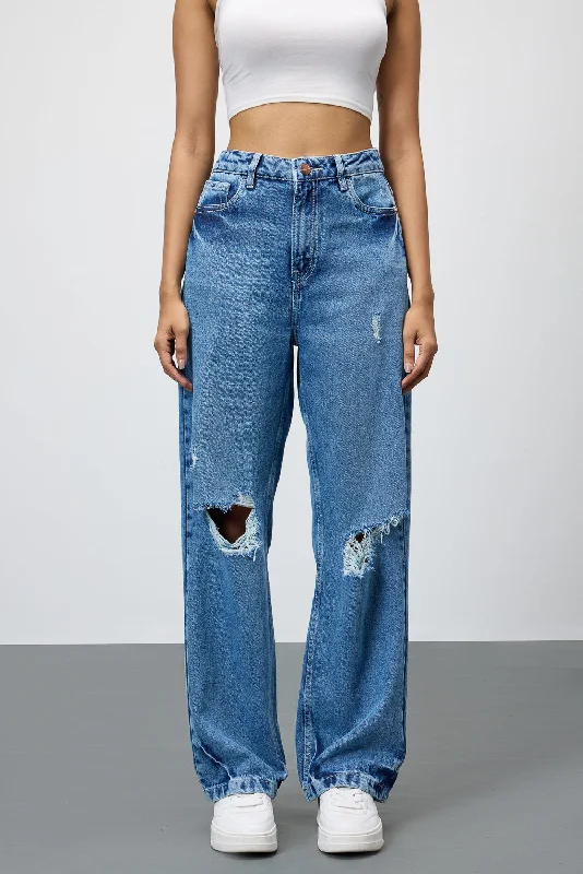 Mid Blue Grunge Style Ripped Jeans