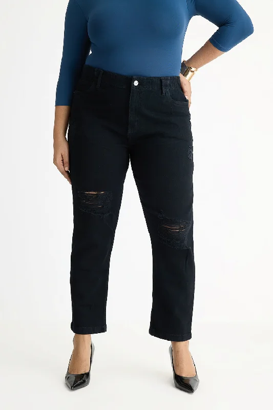 Curve Black Elasticated Distress Mom Jeans