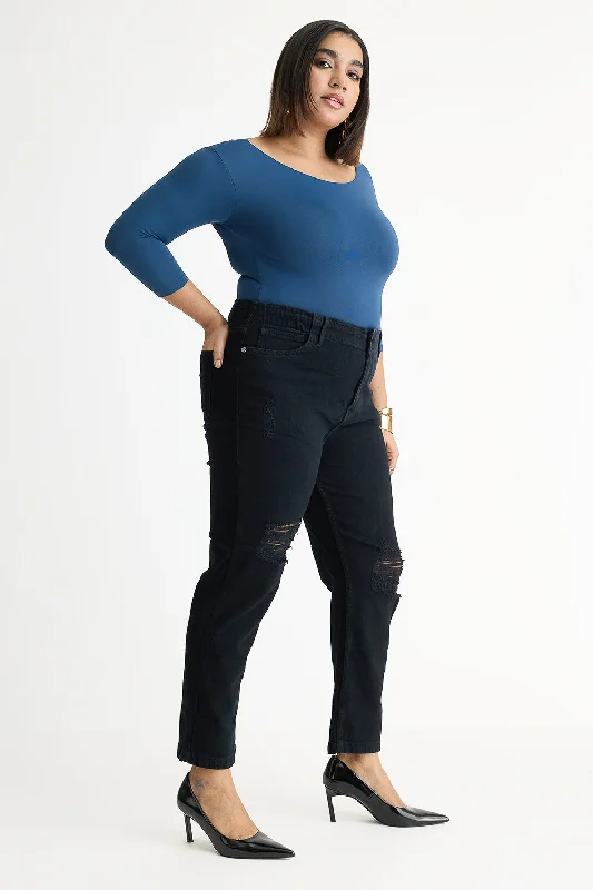 Curve Black Elasticated Distress Mom Jeans