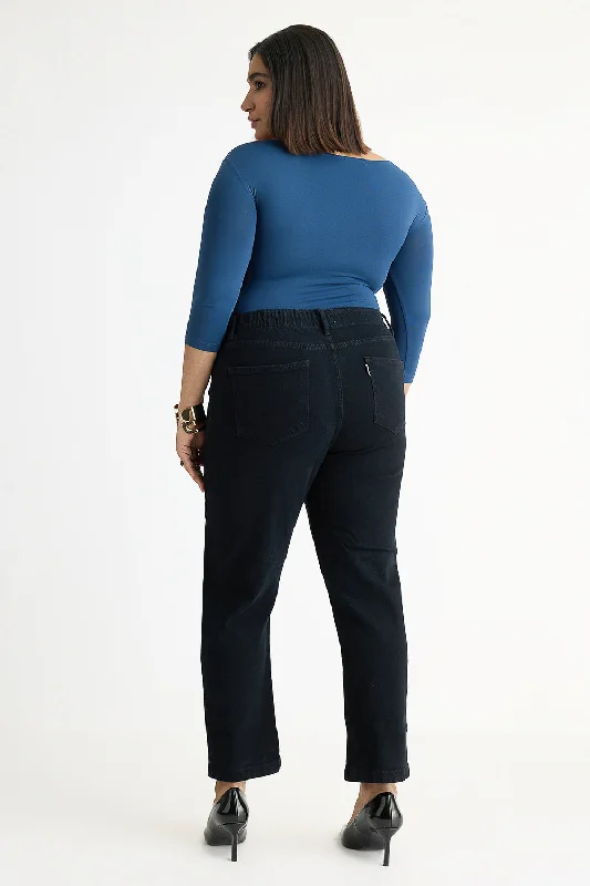 Curve Black Elasticated Distress Mom Jeans