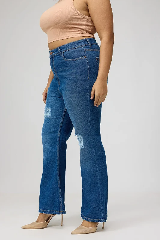 Curve Blue Distress Bootcut Denim Jeans