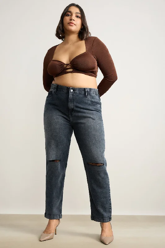 Knee Ripped Charcoal Stretch Mom Jeans