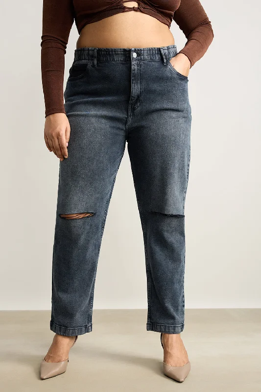 Knee Ripped Charcoal Stretch Mom Jeans