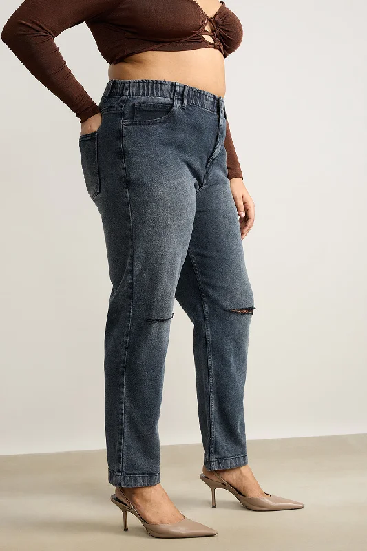 Knee Ripped Charcoal Stretch Mom Jeans