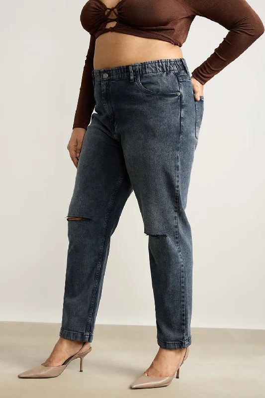 Knee Ripped Charcoal Stretch Mom Jeans