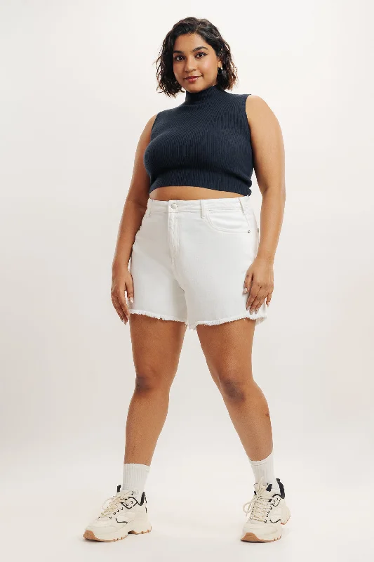 Curve Frayed Hem White Denim Shorts