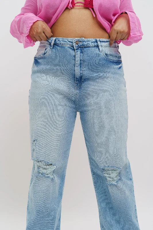 Curve Light Wash Distressed Straight Jeans