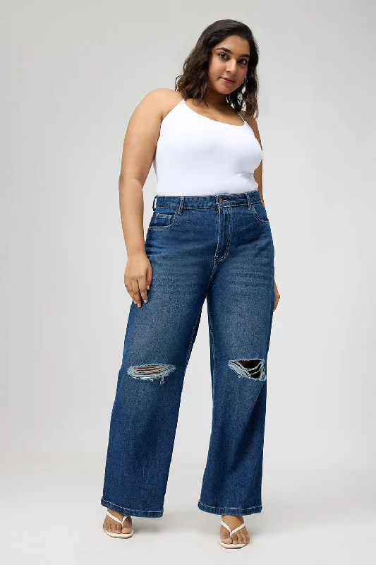 Curve High Waisted Ripped Straight Fit Jeans