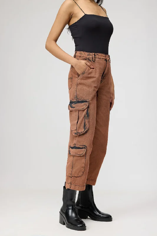 Brown Washed Cropped Cargo Jeans