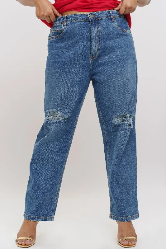 Elasticated Heavy Distresse Mom Jeans