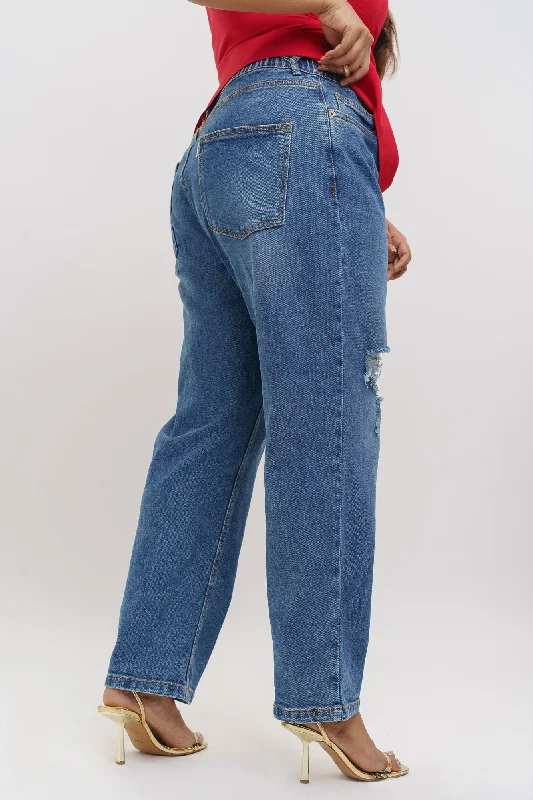 Elasticated Heavy Distresse Mom Jeans