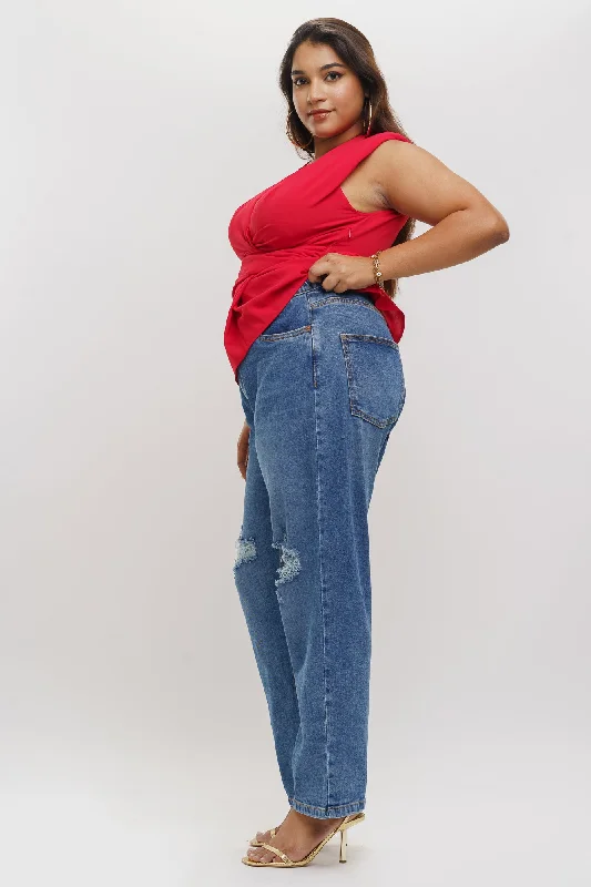 Elasticated Heavy Distresse Mom Jeans