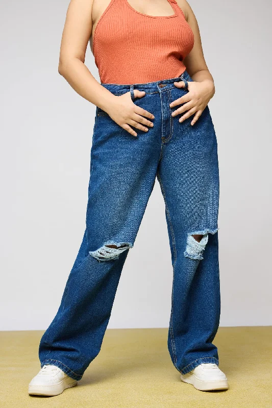 Iconic Knee-Distressed Curve Wide-Leg jeans