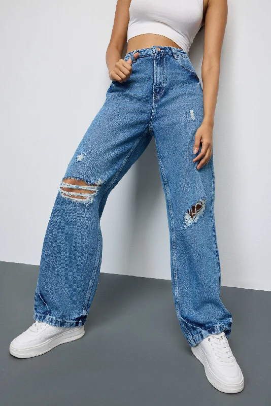 Mid Blue Ripped Straight Jeans