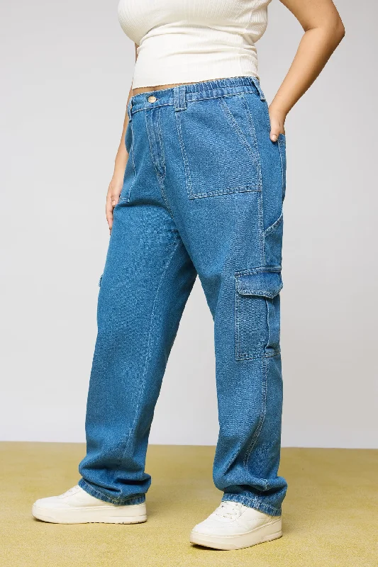 Mid Blue Utility Curve Straight Fit Cargo Jeans