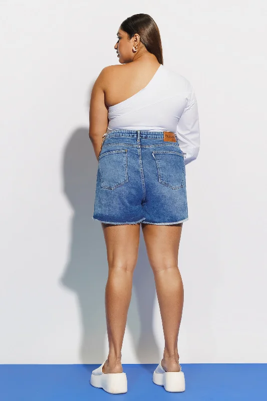 One Turn Mid Blue Denim Shorts