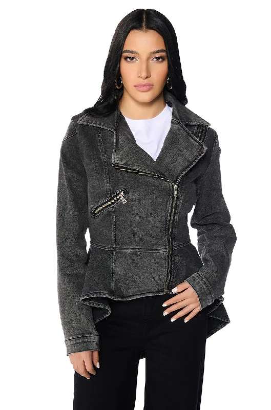 ABOUT THAT TIME DENIM PEPLUM MOTO JACKET