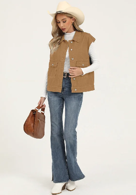 Almond Brown Women's Casual Oversized Button Down Sleeveless Jean Jacket with Pockets