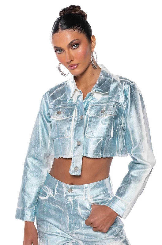 AUBREY BRUSHED METALLIC CROPPED DENIM JACKET