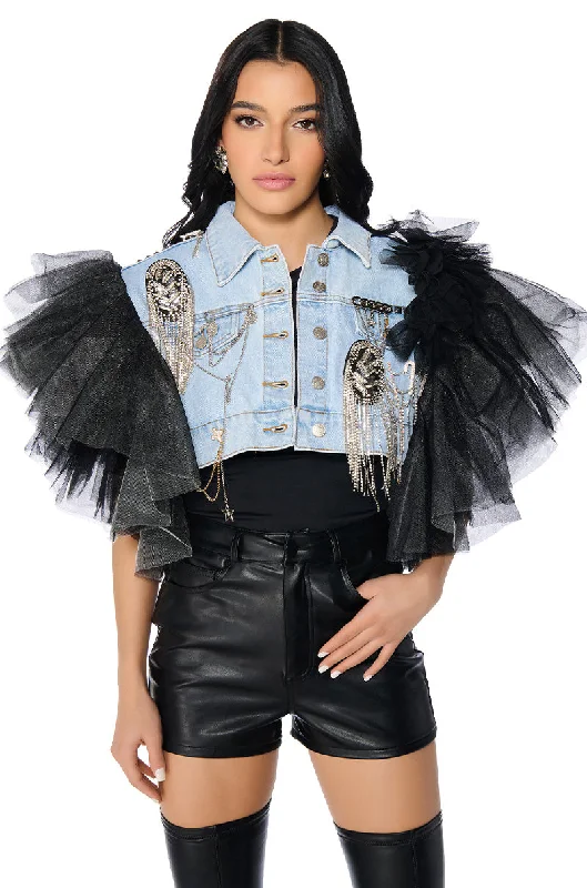 BEBE LUXE EMBELLISHED DENIM AND TULLE CROP VEST