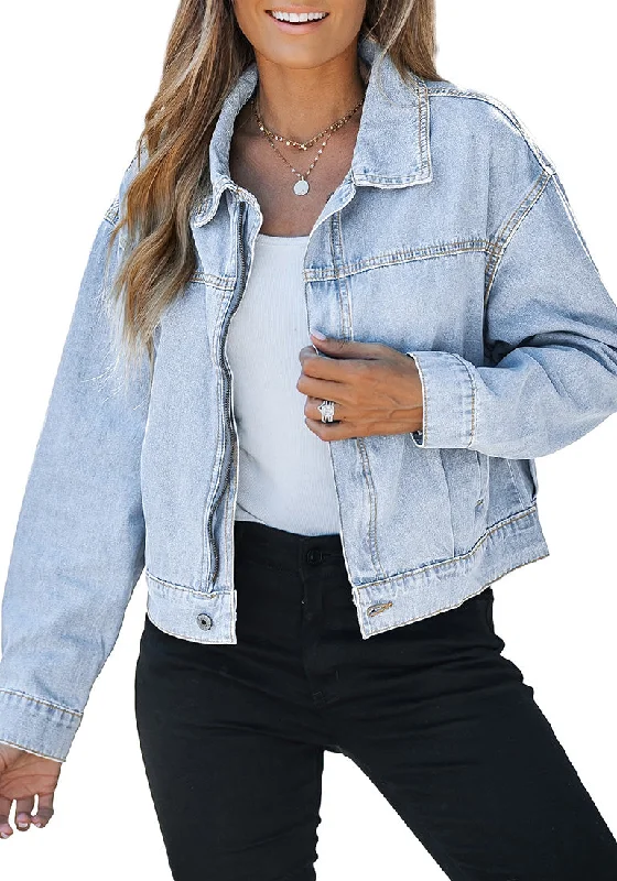 Blue Breeze Women's Brief Relaxed Trucker Croped Zip Up Denim Jackets with Pockets