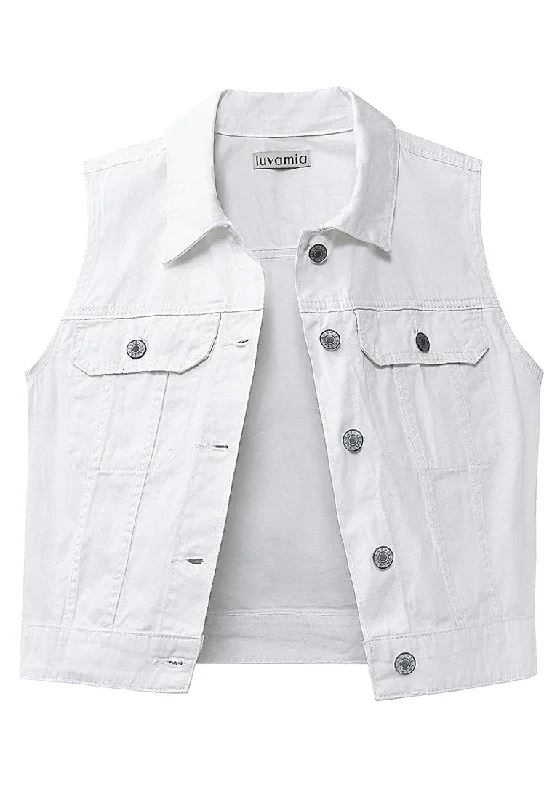 Bright White Women's Sleeveless Cropped Denim Jean Jacket Western Vests Top With Pockets