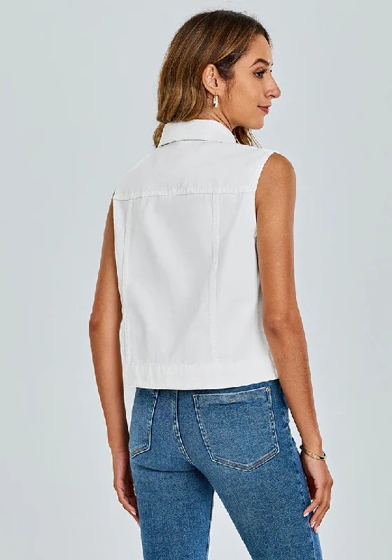 Bright White Women's Sleeveless Cropped Denim Jean Jacket Western Vests Top With Pockets