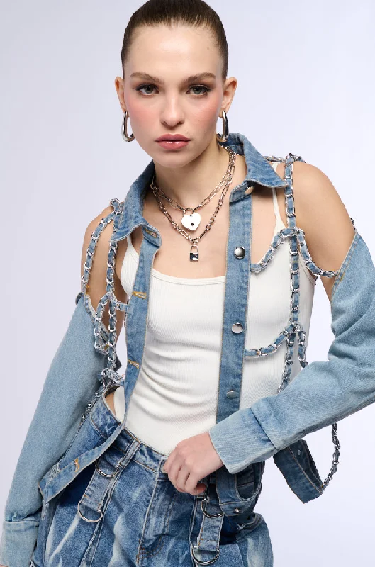 CAGED DENIM AND EXPOSED BODICE JACKET