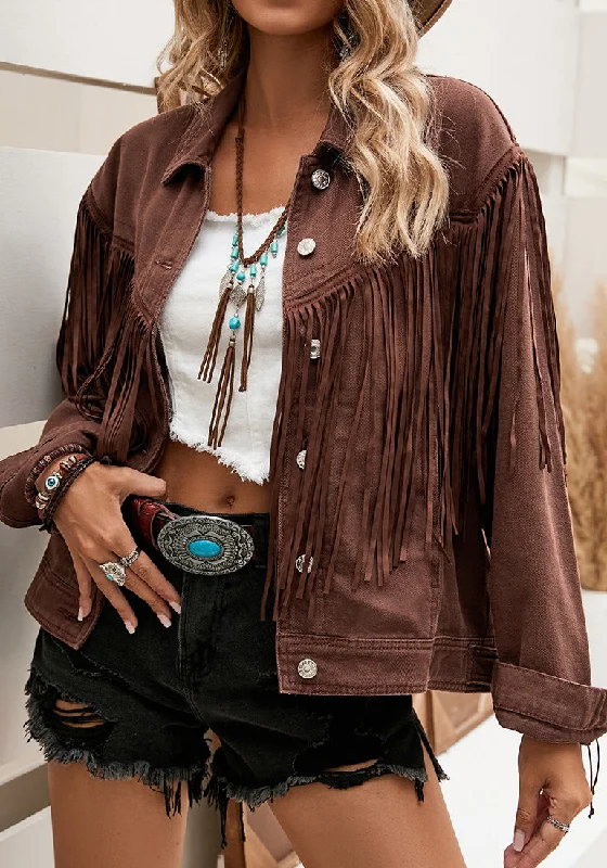 Chocolate Brown Women's Distressed Denim Jacket Western Cowgirl Trucker Vintage