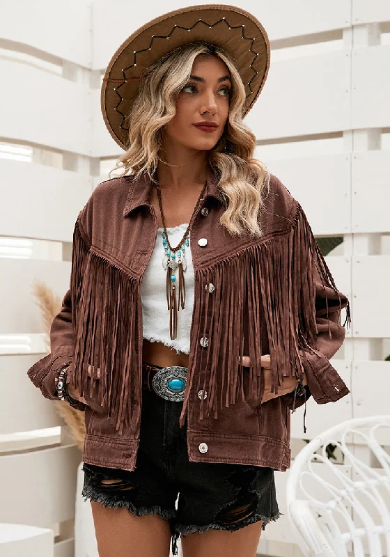 Chocolate Brown Women's Distressed Denim Jacket Western Cowgirl Trucker Vintage