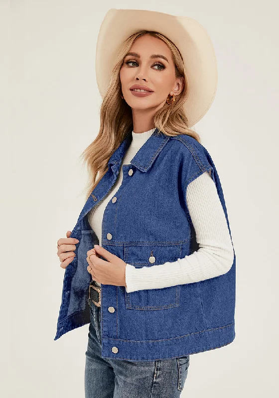 Classic Blue Women's Casual Oversized Button Down Sleeveless Jean Jacket with Pockets