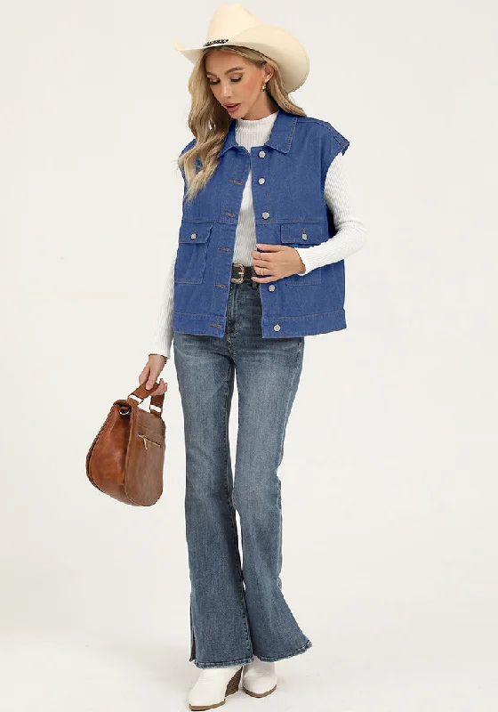 Classic Blue Women's Casual Oversized Button Down Sleeveless Jean Jacket with Pockets