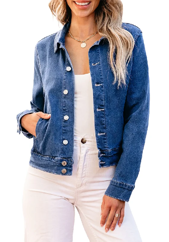 Classic Blue Women's Denim Jacket Collared Button Down Long Sleeve Pocket Jacket