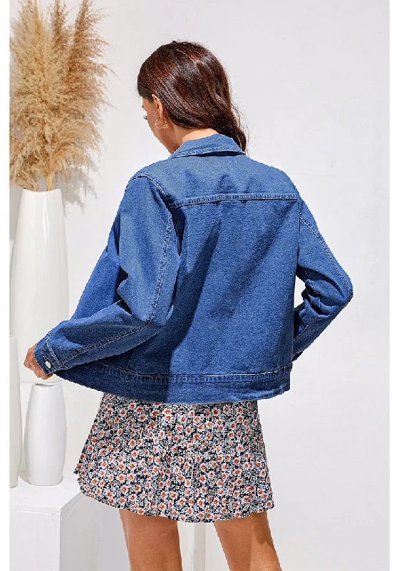 Classic Blue Women's Denim Jacket Collared Button Down Long Sleeve Pocket Jacket