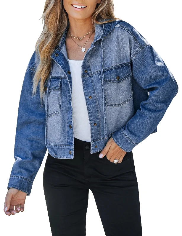 Classic Blue Women's Denim Jackets Vintage Lightweight Cropped Button Down Jacket