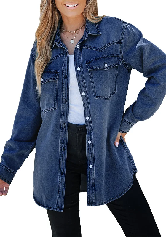 Coogee blue Women's Trendy Long Denim Jackets Oversized Shackets with Pockets