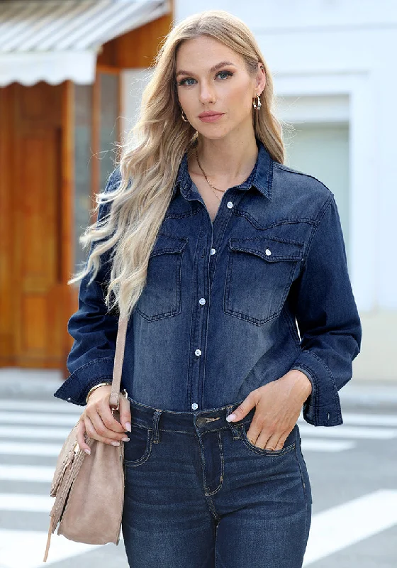 Coogee blue Women's Trendy Long Denim Jackets Oversized Shackets with Pockets