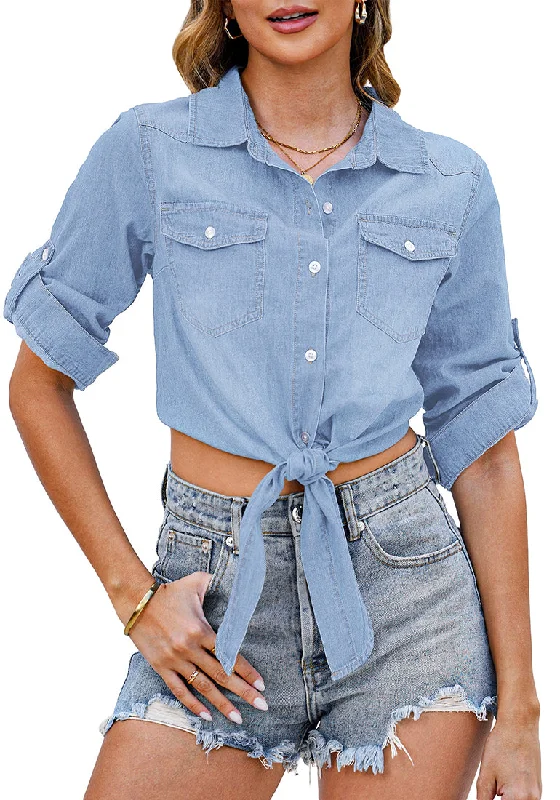 Cool Blue Women's Trendy 3/4 Sleeve Button Down Crop Top Denim Jacket Shirt Tie