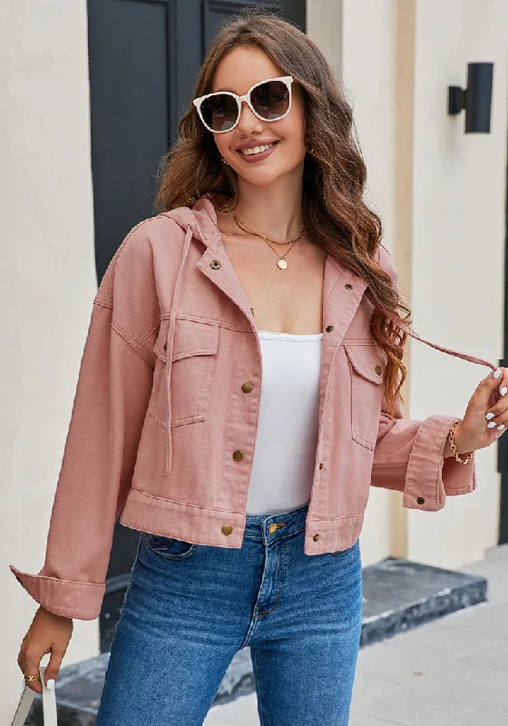 Coral Pink Women's Denim Jackets Vintage Lightweight Cropped Button Down Jacket