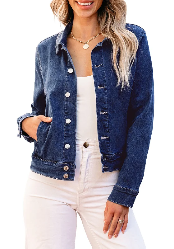 Darkness Blue Women's Denim Jacket Collared Button Down Long Sleeve Pocket Jacket