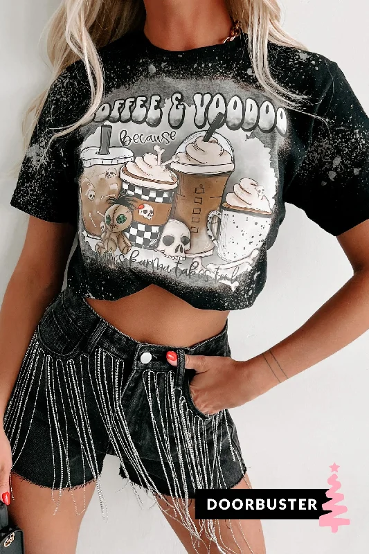 Doorbuster ""Coffee & Voodoo"" Bleached Graphic T-Shirt (Black) - Print On Demand